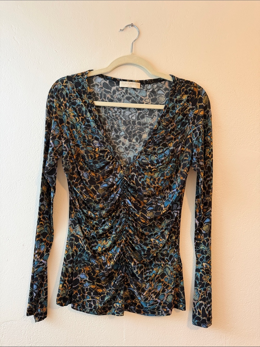 Ulla Johnson Black, Blue & Gold Ruched V-Neck Long Sleeve Top